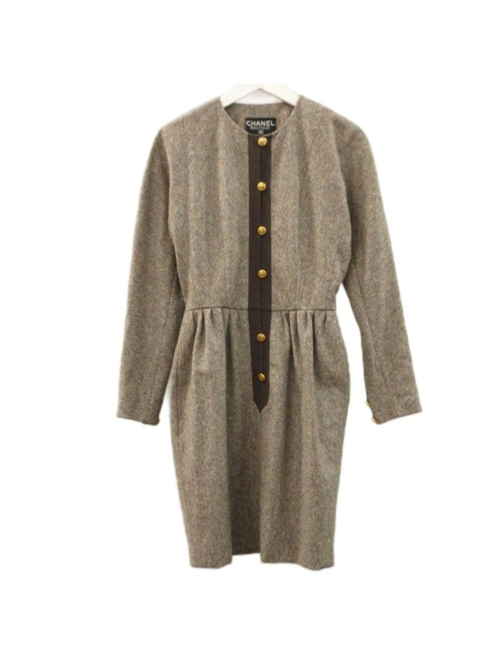 Chanel Vintage Archive Dress Tweed Gold Button Brown Wool Long Sleeve 36